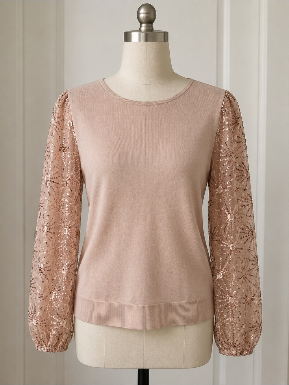 Adrianna Papell Blush Pink Sequin Mesh Sleeve Pullover